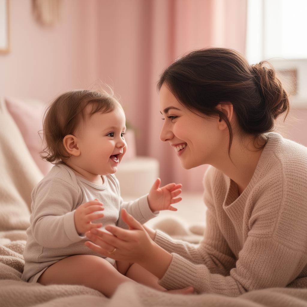 Mãe sorrindo e se comunicando com seu bebê em casa